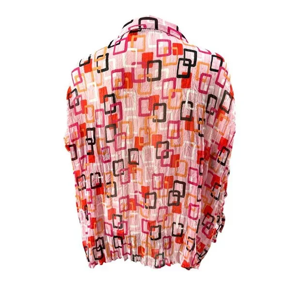 Essentials By Milano XL Pink Geometric Button Up Blouse Retro Cityworkcore - Picture 4 of 11